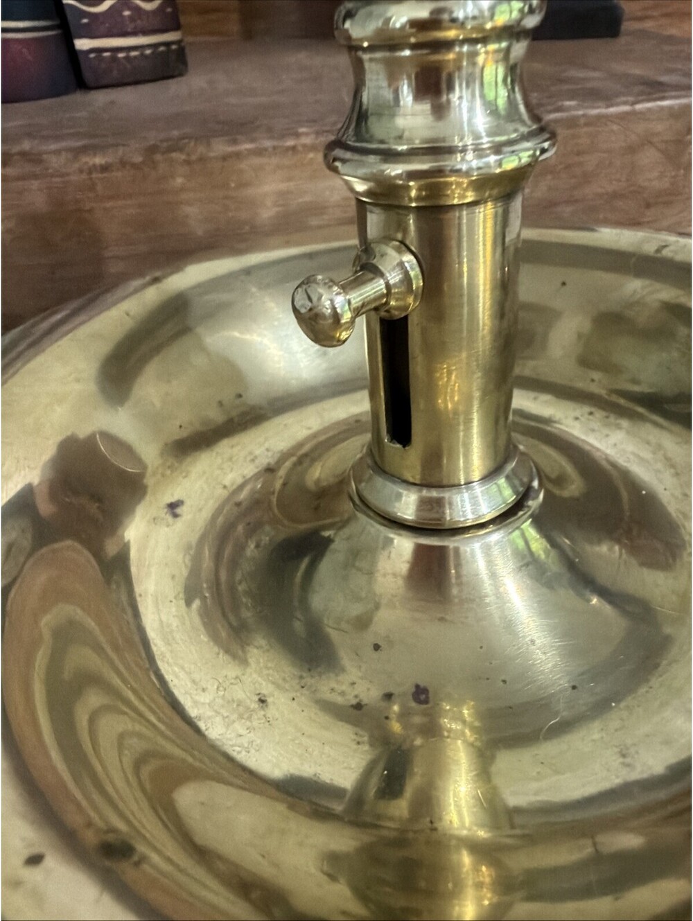 Antique Large Brass Candle Holder Chamberstick Finger Loop Pushup Colonial - Picture 3 of 9